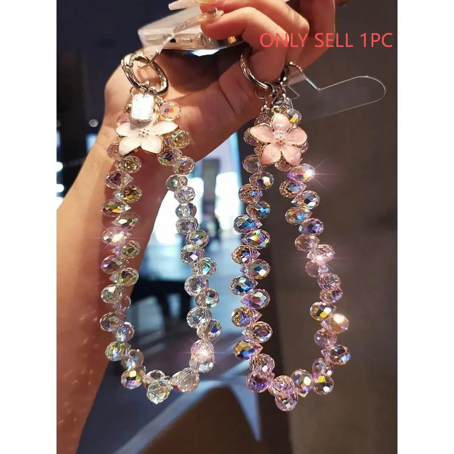 1pc Flower Crystal Pendant Phone Chain, Indie High-End Beaded Phone Strap Bracelet, Short Stylish Wrist Phone Lanyard For Outdoor Travel Shopping Anti-Lost, Phone Charm, Phone Accessory