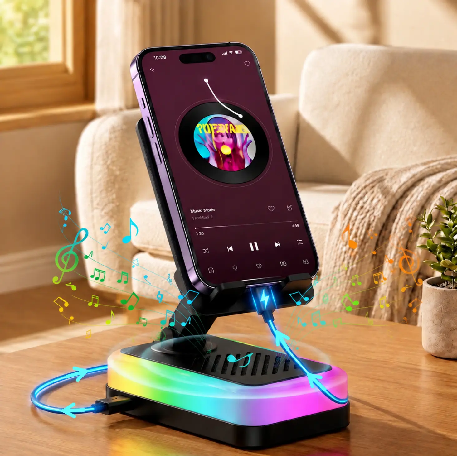 WESTDEER Wireless 5-in-1 Audio Induction Speaker Stand - Rechargeable Emergency Power Bank, Multi-Angle Adjustable Cellphone/Tablet Holder with Colorful Ambient Light, Tech Gift for Men Women