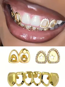 3Pcs Grillz Women's Teeth Jewelry Set, Hollow Heart Design Copper Material Plated Zirconia Craftsmanship, Ideal for Festivals Parties Role-Playing Aesthetic