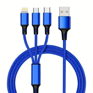 Multi-USB Charging Cable 3-In-1 Nylon Braided Universal Electronic Charger with Type-C Micro USB Ip Ports for Most Cellphone Phones Tablets