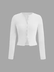 Women's Plain Button Front Crop Sweater Cardigan, Casual Long Sleeve Knitwear for Spring & Fall, Fashion Women's Knit Clothing for Daily Wear