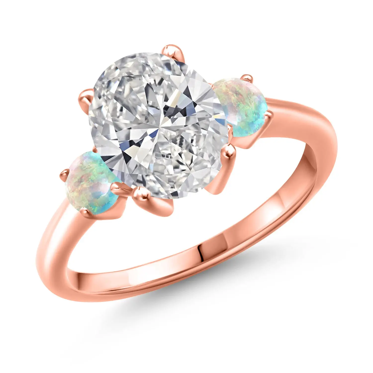 2.50 cttw IGI Certified Lab Grown Diamond and White Opal 3-Stone Engagement Ring For Women | 18K Rose Gold Plated Silver | Center 2.00 Ct Diamond | D-E Color | VS1-VS2 Clarity