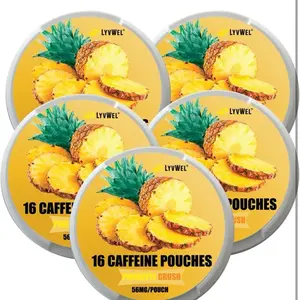5 Pack PINEAPPLE CRASH,16 Pouches in each pack,56 mg each pouch energy drink Beverage Fruit, Natural, Pinya caffi ene pre workout performance energy evergy lyvwel Caffeine Flavorful