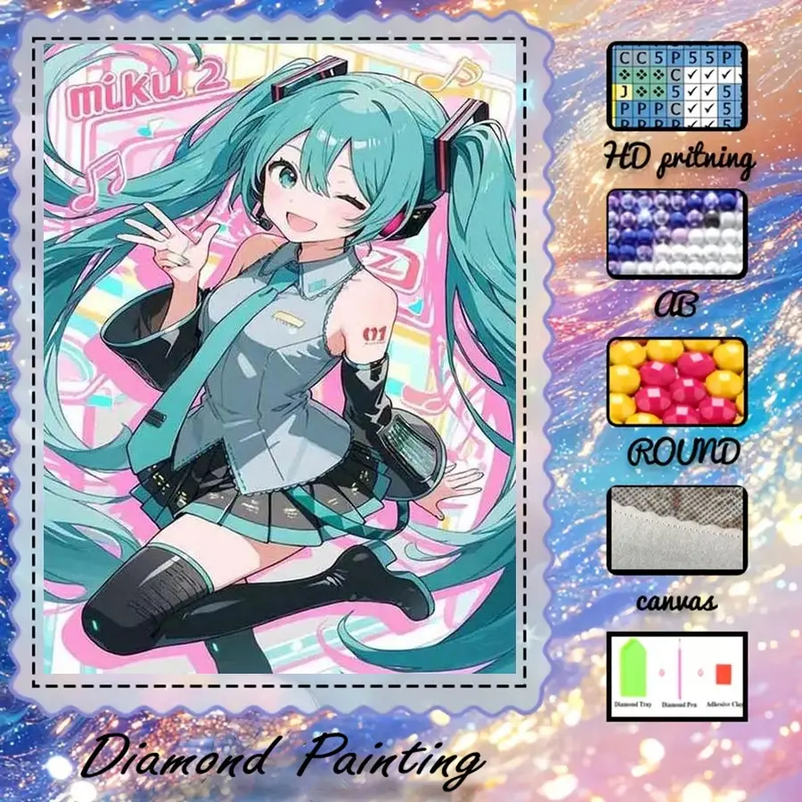 5D-DIY, DIY Kits, Diy craft supplies, velvet canvas, diamond art, diamond painting kit, 2D, Hatsune Miku AB diamonds, fairy dust diamonds, crystal diamonds, home decoration, Wall Art Painting