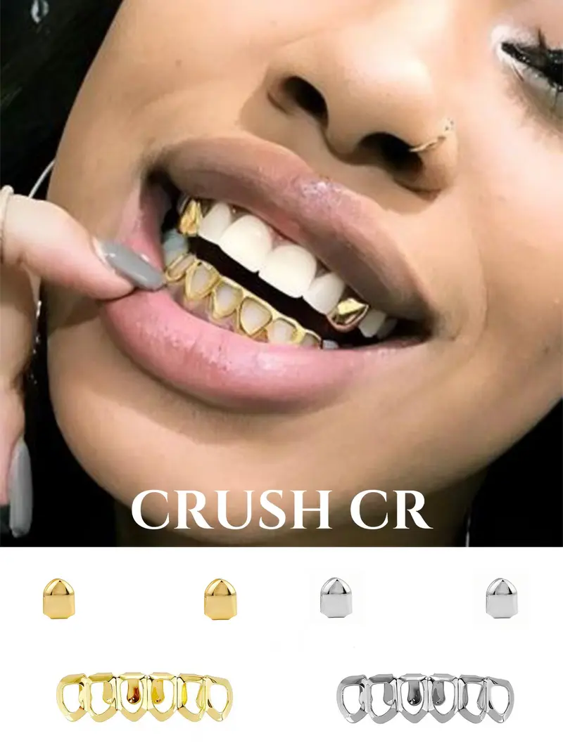 CRUSH CR 18K Gold Plated Tooth Caps, Half Grillz and Tooth Gems Set, Gold and Silver Options, Perfect for Hip Hop Concerts, Club Nights, Casual Streetwear, Daily Outfits and Music Festivals