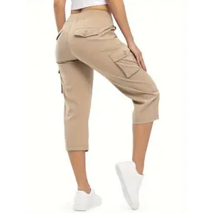 1pc Women'S Cargo Capri Pants, Solid Color Viscose Fabric with Pockets, Slight Stretch, Quick-Dry Elastic Waist for Outdoor Travel, Casual Loose Fit Shorts - Spring/Summer/Fall Sports Pants