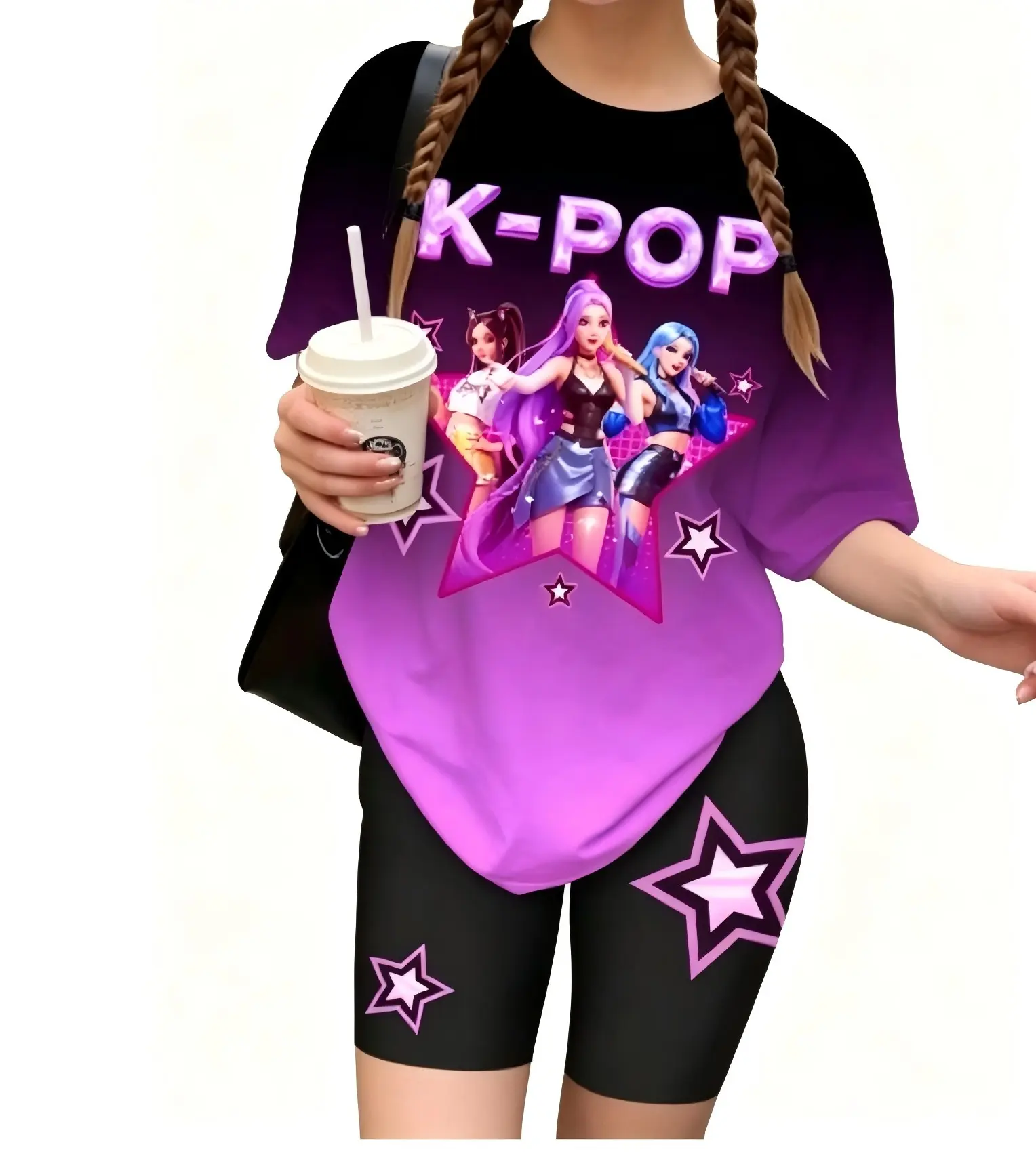 Girls' K-Pop Fashion Two -Pieces Cartoon Print T-shirt & Short  Matching Outfits Set, Casual Fitted Design, Perfect for Summer, Ages 12-16, Ideal Gift, Fashion Clothes Sets