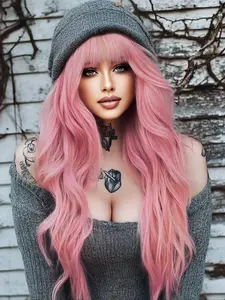 Cute Romantic Pink Cosplay Wig Bright Pink 26 Inch Long Curly Water Wave High Belt Bangs Y2K Synthetic Wig Women Party Wig Valentine Realistic Natural Sexy Charming Heat Resistant Wig Wavy Synthetic Hair