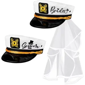 2pcs Nautical Captain Hats with Veil for Groom Bride Custom Skipper Yacht Sailor Bachelor Wedding Bridal Shower Honeymoon decoration