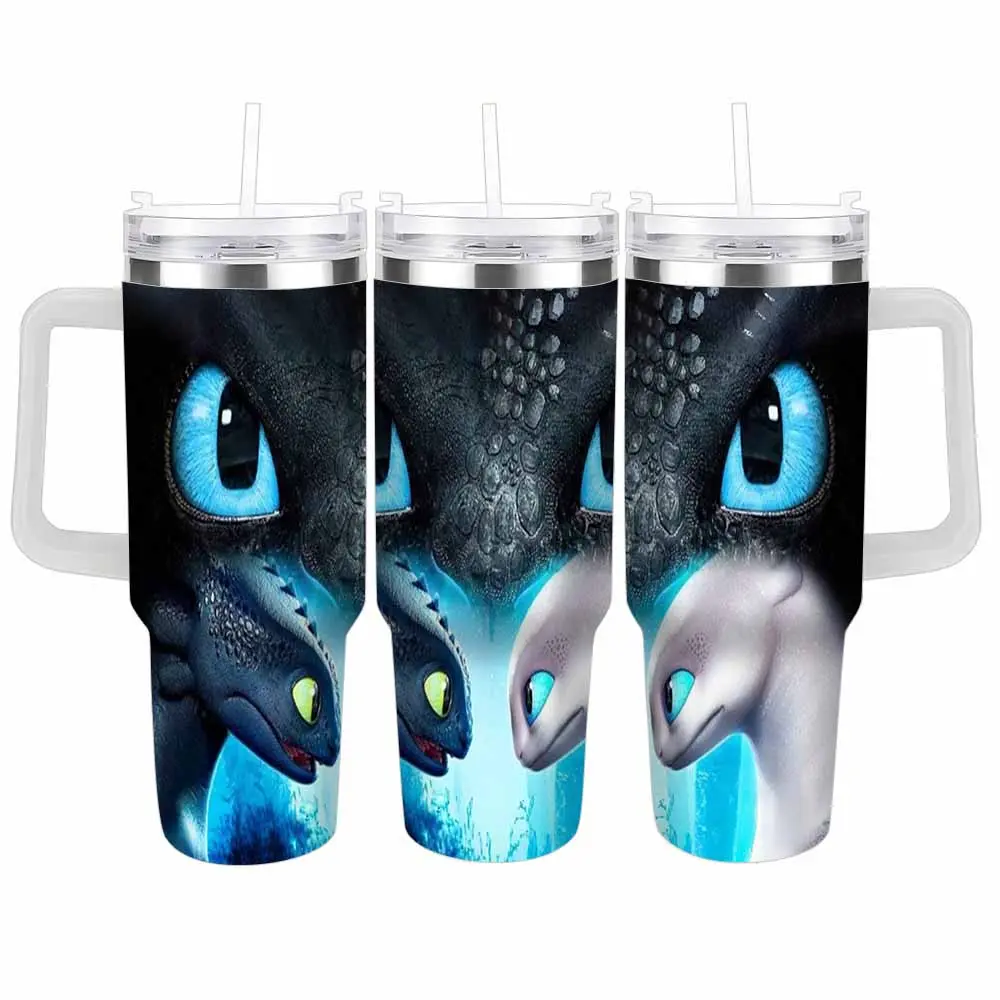 Night Fury Dragon (40oz/30oz) Stainless Steel Tumbler, Fantasy Dragon Print, Vacuum Insulated Leakproof Travel Mug with Handle & Straw for Travel, Camping, Office, Road Trip, and Holiday Gift for Anime Fans