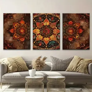 2D canvas, 3-piece wooden frame wall art decoration, Bohemian mandala mural aesthetic canvas print, creative art design, ideal gift for living room, bedroom, office decoration, Easter and April Fool's Day (wrapped canvas), large canvas wall art, wall pain