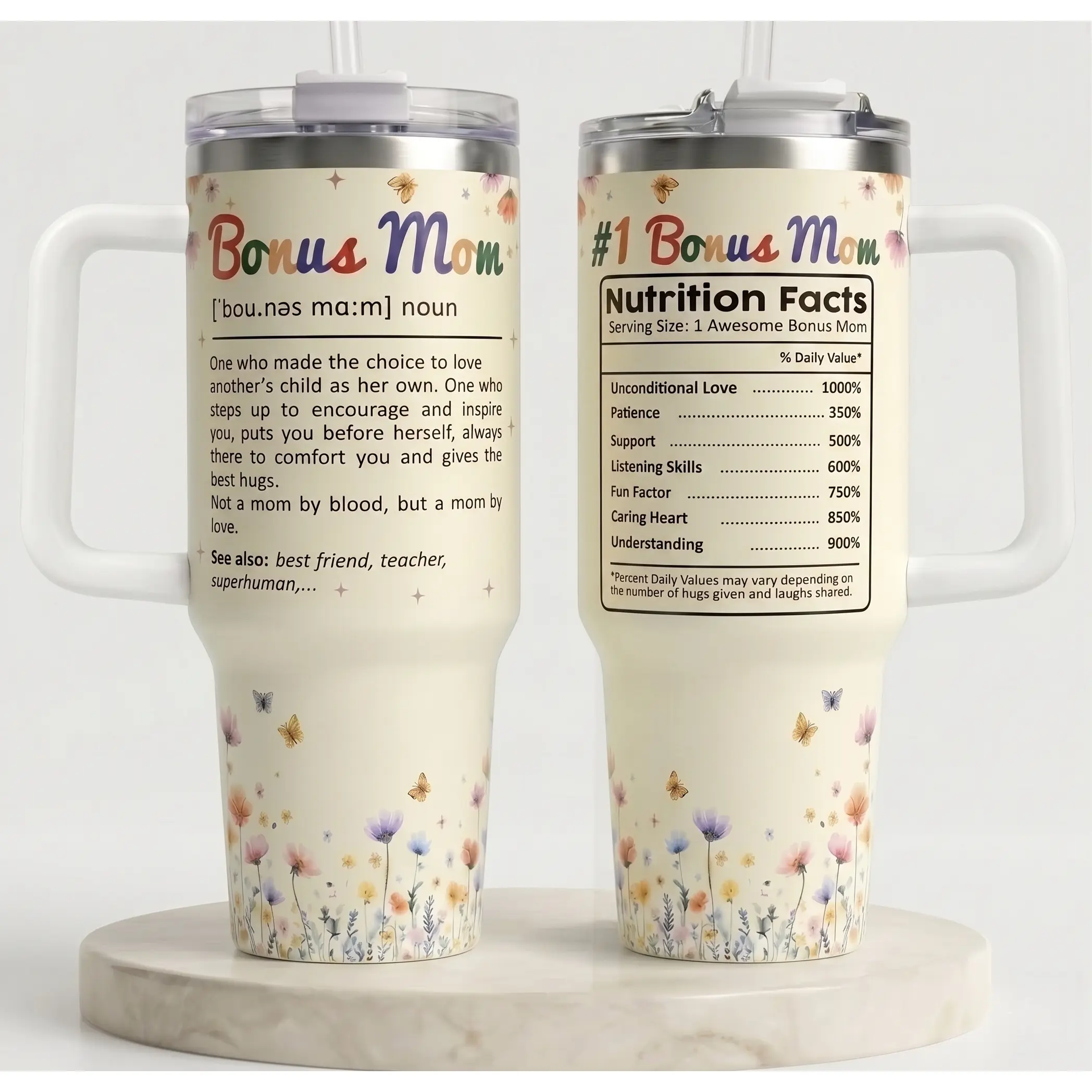 Bonus Mom Gifts 40oz Tumbler with Handle - Perfect Mother's Day, Christmas & Birthday Gift for Stepmom, Insulated Travel Mug with Straw, Best Bonus Mom Ever Present,Unique Christmas, Thanksgiving & Anniversary Gift for Her