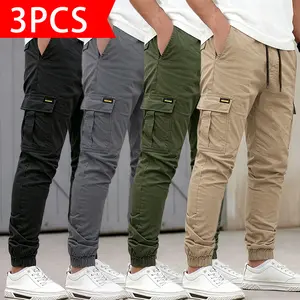 Men’s functional cargo pants, 3-pack, drawstring elastic waistband, tapered cuffs, large pockets with a 3D design, casual wear-resistant athletic pants, versatile street-style pants