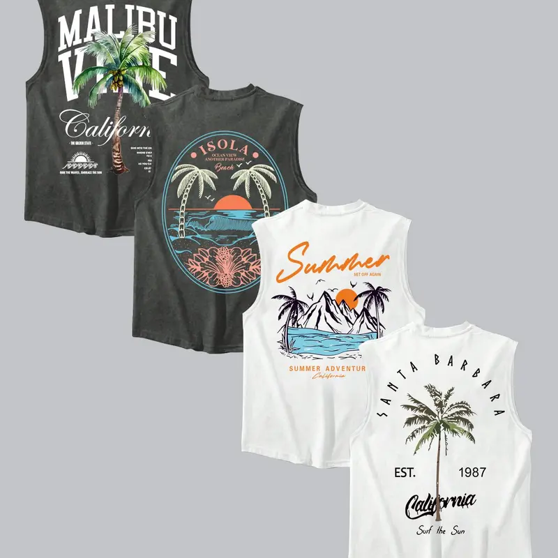 Men's Letter & Tropical Print Round Neck Stringer Tank Tops, Regular-Fit Casual Sleeveless Crew Neck Vests, Men's Tops for Daily Wear, Summer Clothes, Graphic Tank Top