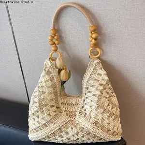 Trendy Handmade Woven Straw Tote Bag for Women, Viral Paper Rope Crochet Shoulder Handbag, Lightweight Large Capacity Beach Vacation Carryall, Chic Summer Casual Travel Accessory