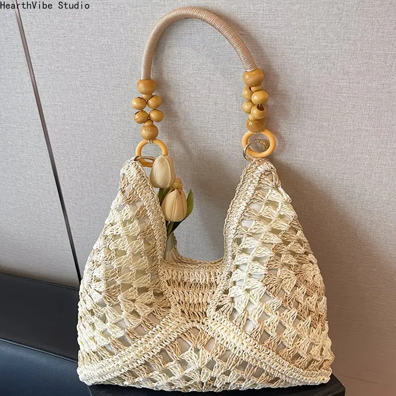 Women's Handmade Woven Straw Tote Bag - Polyester/Nylon Athletic Sport-Inspired Look Handbags for Women, Lightweight Large-Cap All Seasons Shoulder Bag with Woven Pattern, Zip Fastener for Beach/Travel