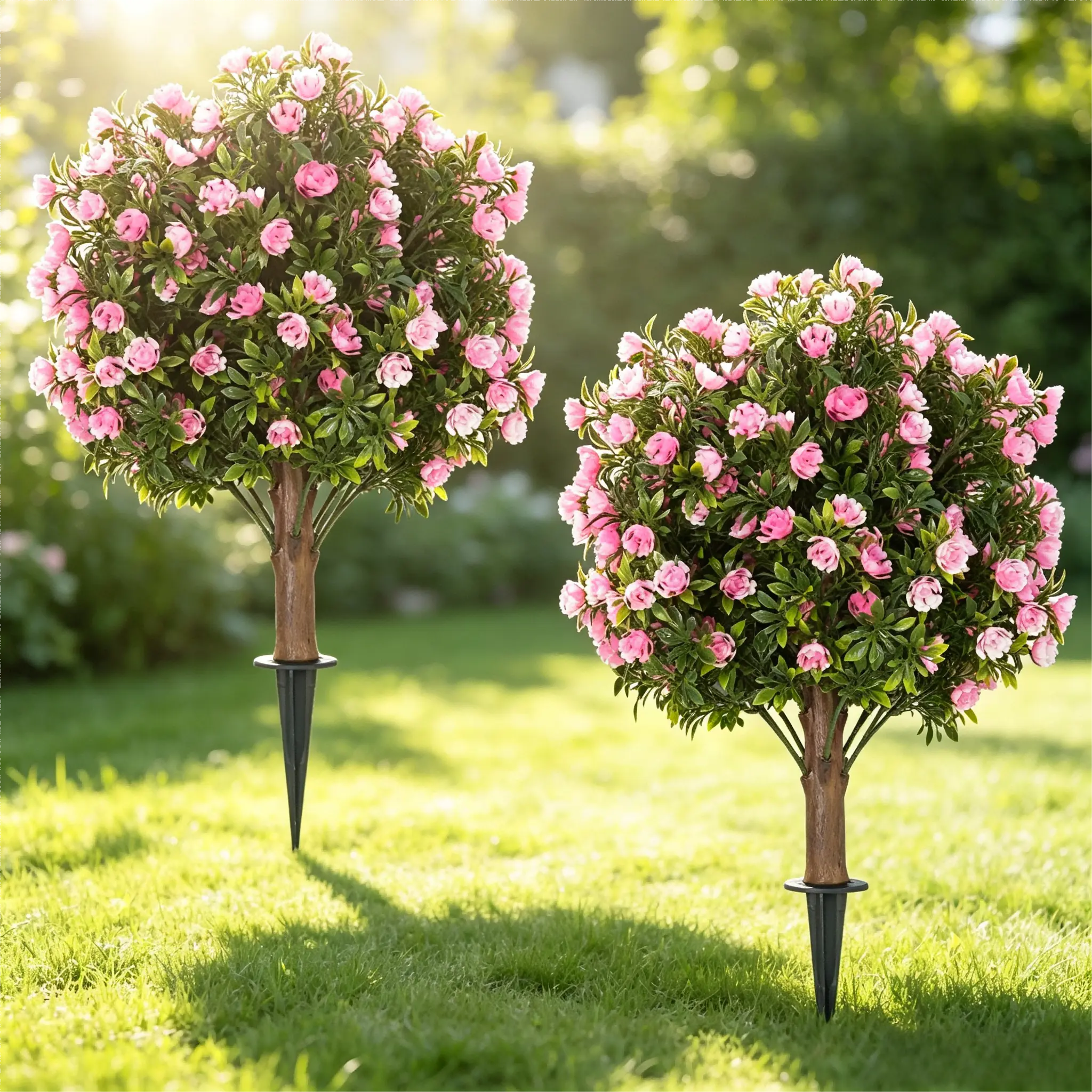 24-Inch Artificial Rose Topiary Trees Set of 2, Red Lifelike Faux Decorative Plants with Ground Stakes, UV-Resistant Outdoor Decor for Patio, Garden, Entryway, Box-Friendly for Busy Lifestyles