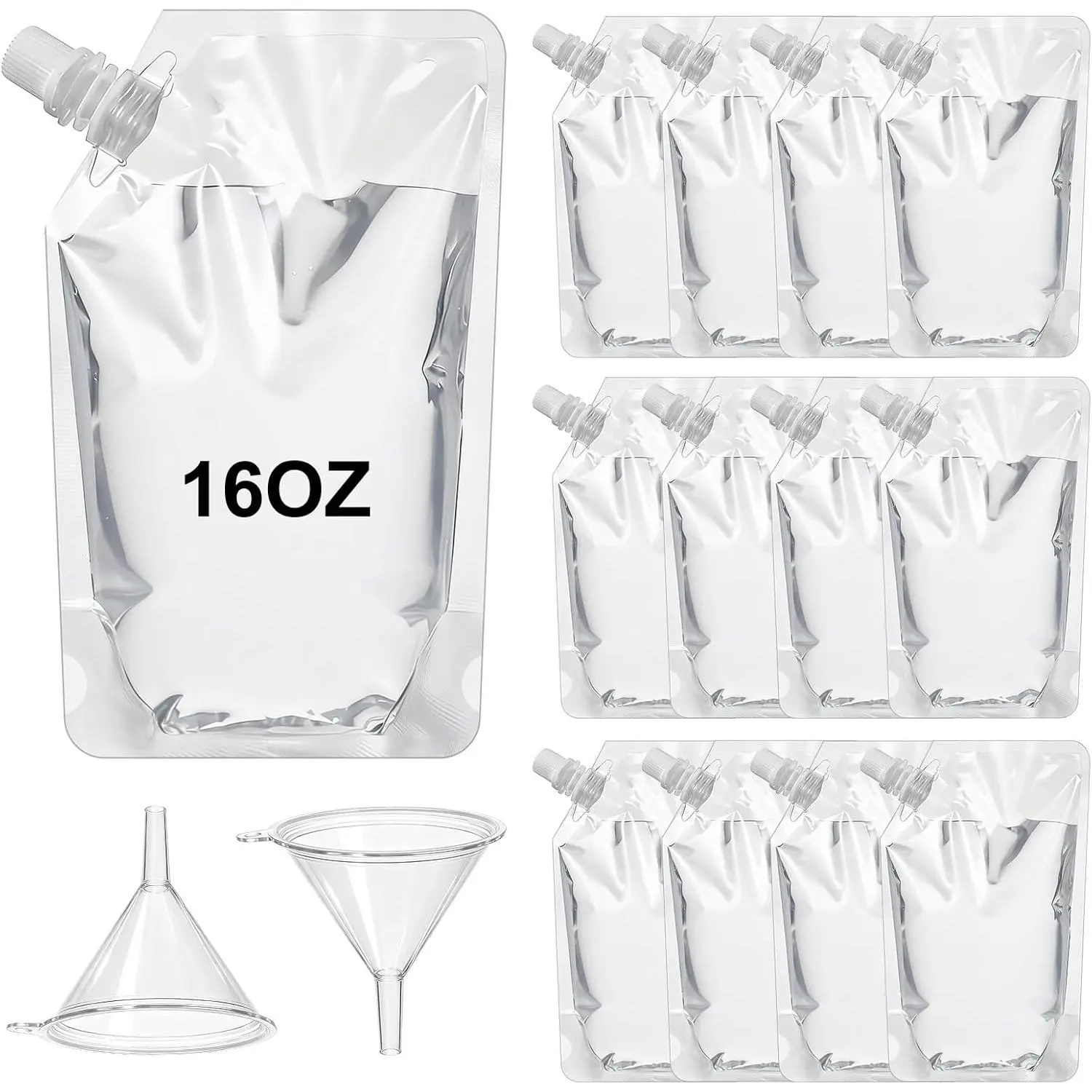 100 Pcs 16OZ Reusable Travel Plastic Drink Pouches with 2 Funnels, Ideal for Juice, Outdoor Sports, Concerts and Events
