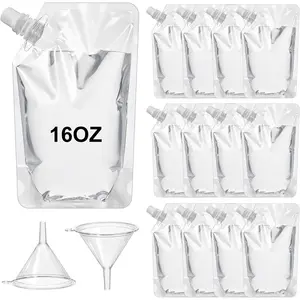 100 Pcs 16OZ Reusable Travel Plastic Drink Pouches with 2 Funnels, Ideal for Juice, Outdoor Sports, Concerts and Events