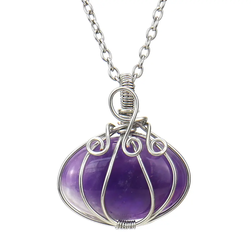 Women's Genuine Handmade Wire-Wrapped Amethyst Purple Crystal Pumpkin Pendant Necklace - Stainless Steel Jewelry with 18-20 in Adjustable Chain, Unique Artisanal Touch Casual Boho Healing Stone Accessory, Thoughtful Halloween Gift for Crystal Lovers
