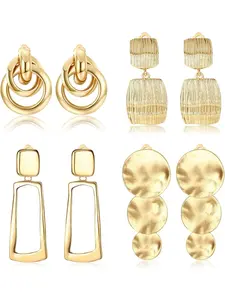 4 Pairs Gold Clip on Earrings for Women, Statement Earrings, Non Pierced Geometric Dangle Earrings Set, Rectangle Tassel Teardrop Square Drop Pendants