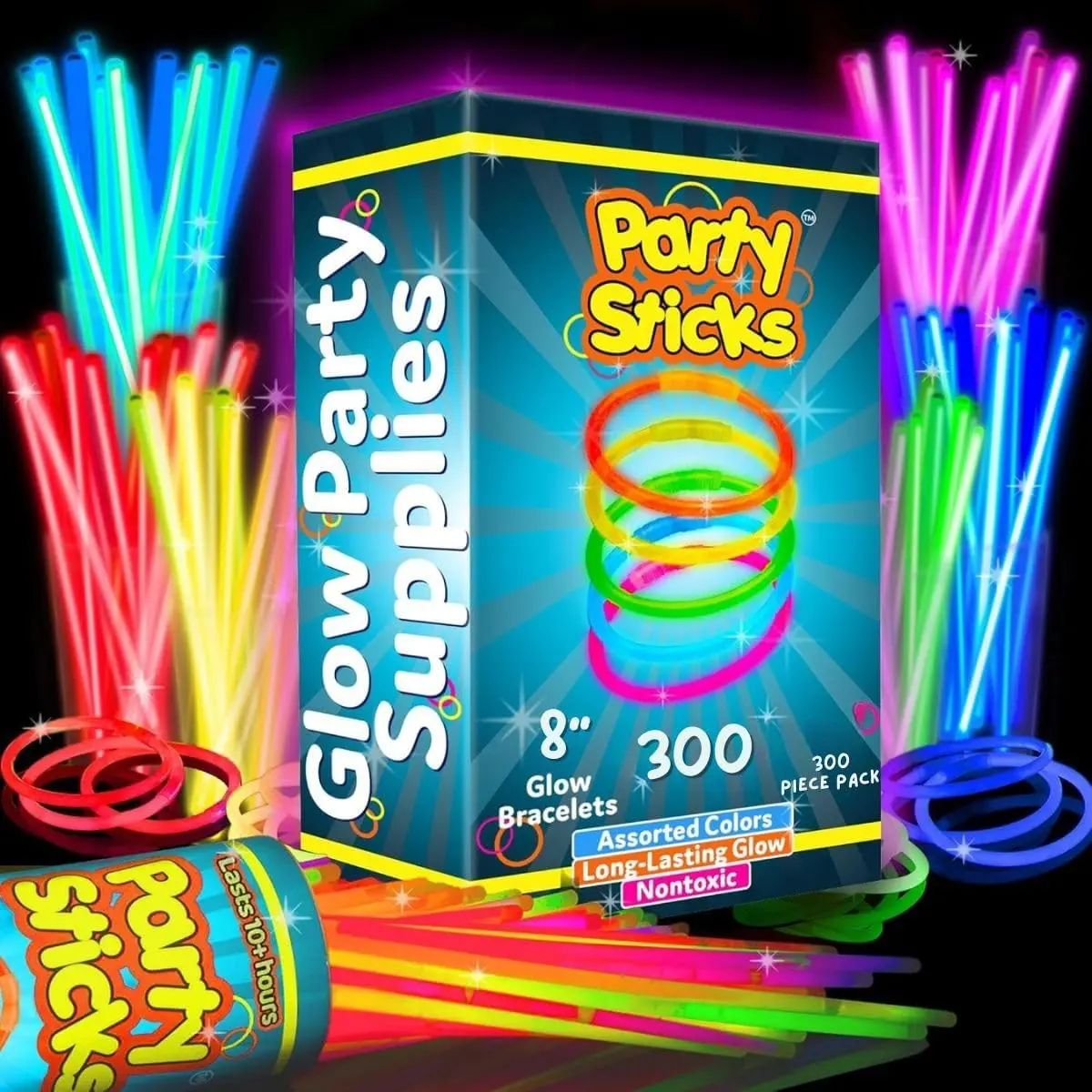 Ultra Bright Glow Sticks Bulk Party Supplies 300 Pack - 8" Glow in the Dark Light Up Valentines Day Party Favors, Glow Decorations, Neon Party Necklaces and Bracelets with Connectors