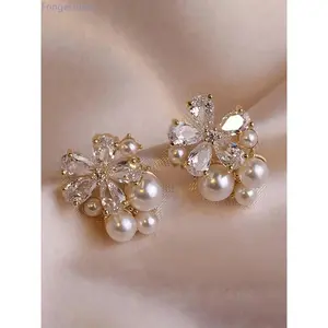 Faux Pearl & Rhinestone Decorated Stud Earrings, Elegant Flower Design Stud Earrings for Women, Trendy All-match & Exquisite Jewelry for Birthday Gift