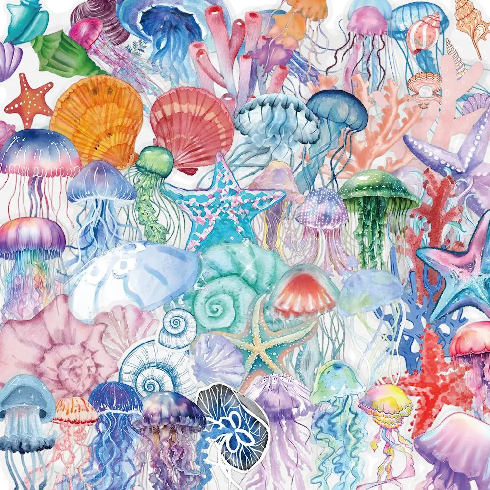 Jellyfish Pattern Sticker (50pcs), Cartoon Marine Life Sticker, Decorative Sticker for DIY Scrapbook & Journal & Gift Wrapping, Art Stickers, Decoration Sticker