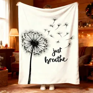 1pc Cozy Black and White Dandelion Print Blanket "Just Breathe" – Perfect for Bedroom, Sofa or Camping Nap Moments