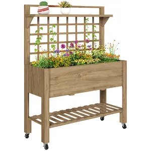 41" Raised Garden Bed on Wheels – Mobile Elevated Wooden Planter. 3-Tier Design: Trellis Wall + Deep Trough Planter + Storage Shelf. 330 lb Capacity. Easy to Move Indoors or Outdoors