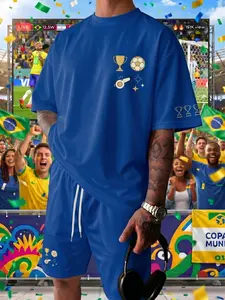Deep Blue Allover Soccer Print Men’s 2 Piece Outfit, Micro-Elastic Quick Dry Regular Fit Tracksuit for 21-49 Men, Great for New York Live Game & Dallas Casual Sports Hangout, Bestseller Fan Wear