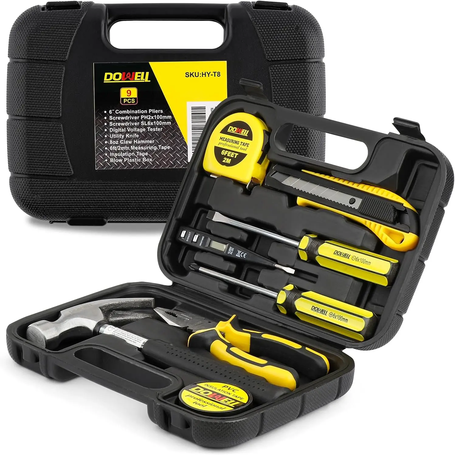 DOWELL Small Homeowner Tool Set 9 Pieces General Household Small Hand Tool Kit with Plastic Tool Box Storage Case