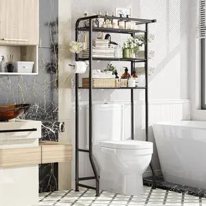 Simple Trending Over The Toilet Storage Cabinet, Metal Bathroom Shelf Organizer with Paper Holder and Hooks, 3 Tier, Black