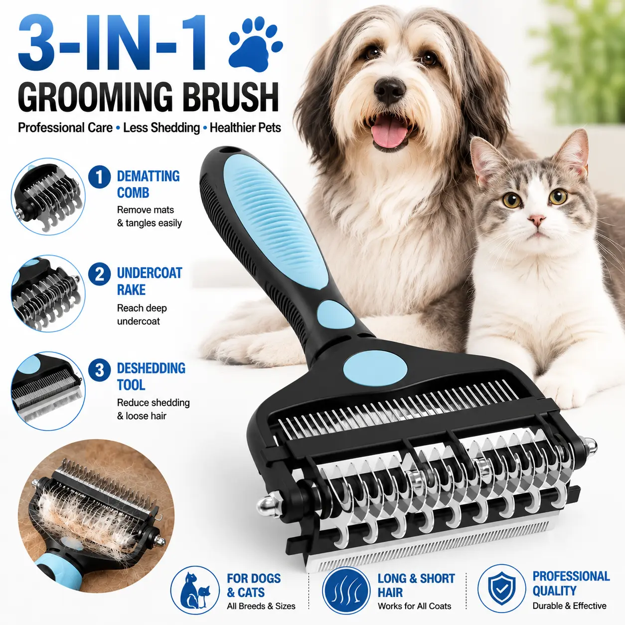 3-in-1 Multi-Use Pet Deshedding Brush Multi-Groomer - Stainless Steel Undercoat Rake, Dematting Comb, Clean Pain-Free Tool for Dogs, Rounded Teeth, Hidden Blades, Rounded Edges, Universal Fit