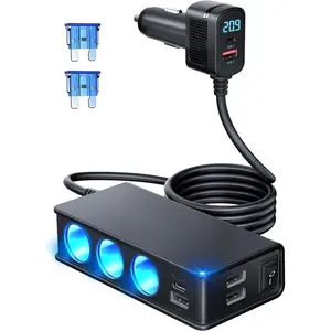 Cigarette Lighter Splitter Adapter: 9 in 1 Car Charger 185W 3-Socket PD 30W and QC3.0 18W Charging Ports LED Display Super Fast Charger for 12V/24V