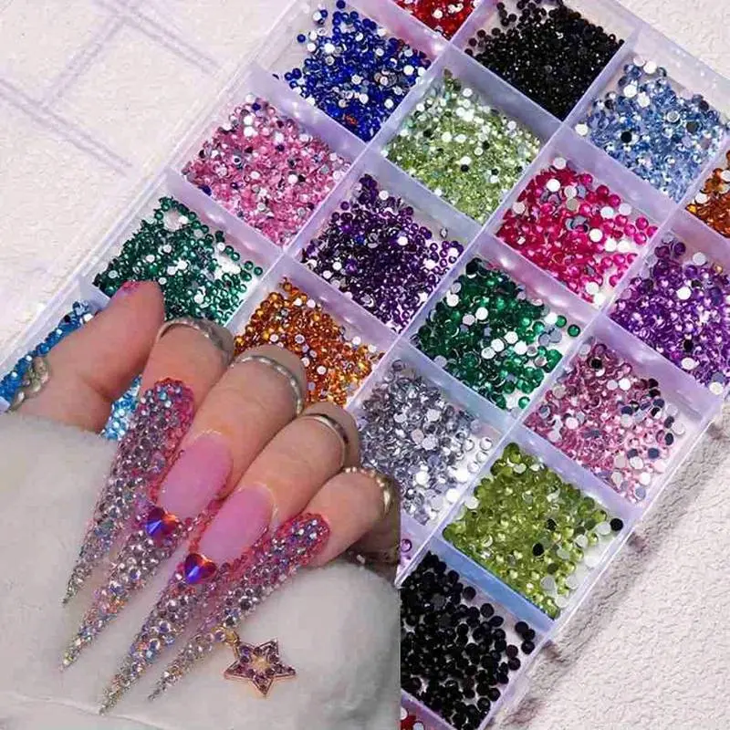 24 Grids Nail Art Rhinestone Flatback Gems Crystals Diamond for Nail Decoration Round Rhinestones Kit with Pickup Pencil and Tweezer for DIY and Professional Nail Art