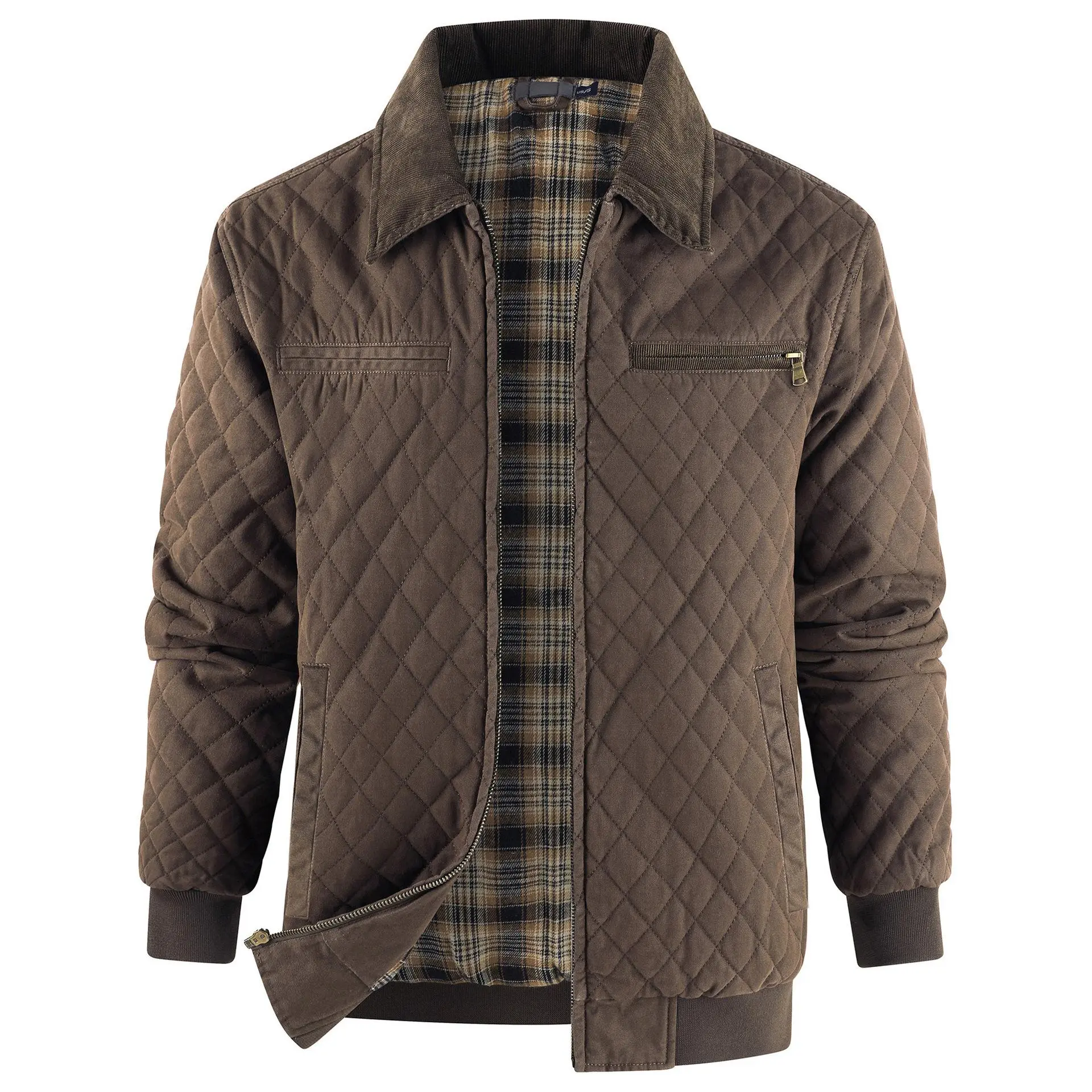 Zaitun Men’s Quilted Cotton Zippered Jacket - Menswear Tops with Long Sleeve, Plaid Lining, Zipper Pockets, Classic Collar - Warm, Durable Fall/Winter Casual Outerwear