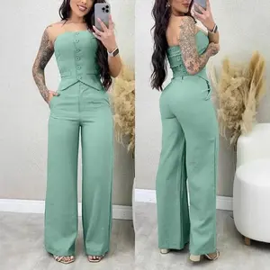 Women Fashion Sexy Summer 2 Pieces Outfit Bandeau Button Decor Vest Top & Casual Wide Leg Pants Set