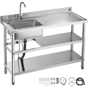 VEVOR Stainless Steel Utility Sink, Free Standing Single Bowl Commercial Kitchen Sink with Faucet, Utility Left Basin Workbench with Hot Cold Water Pipe for Garage Restaurant Laundry, 47x19.7x37 inVEVOR Super Brand Day
