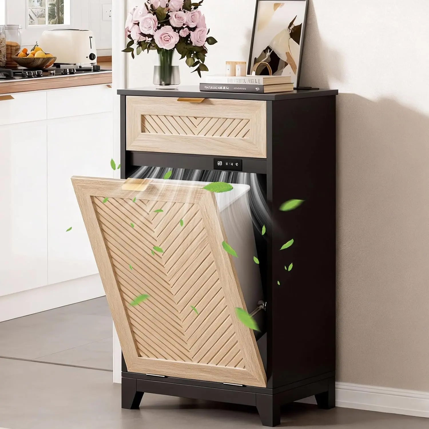 [Summergarden] Vabches Tilt Out Trash Can Cabinet with Charging Station and Deodorizing, 10 Gallon Hidden Garbage Can Cabinet with Drawer Storage, Laundry Hamper Cabinet with for Kitchen, Laundry,Black