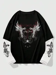 Men's Colorblock, Cross & Graphic Print 2 in 1 Drop Shoulder Tee, Regular Fit Casual Streetwear Style Fashion Long Sleeve Round Neck T-shirt for Fall & Winter, Men's Top for Daily Wear Menswear