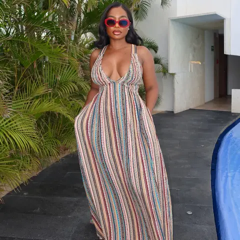 Women's Summer Vacation Beach Party Dress, Casual Wear, Lightweight Fabric, Chic Fashion Striped Print Backless Tie Back Dress, Slim-Fitting, Holiday Style Womenswear, Casual Fitted Dress