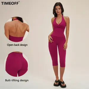 TIMEOFF Women's Halter Open‑Back Workout Set - Wrap‑Front Top & Butt‑Lifting Capri Leggings, Stretchy Breathable Fabric | Tummy Control, Non‑Restrictive, No Ride‑Up | Ideal for Yoga, Gym, Pilates & Casual Wear
