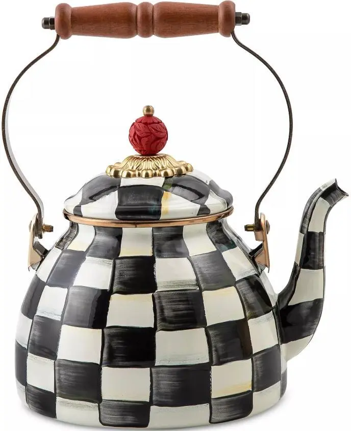 MacKenzie Chills Courtly Check Tea Kettle, Hand-Painted Enamel Whistling Stovetop Teapot with Decorative Handle, Farmhouse Kitchen Decor