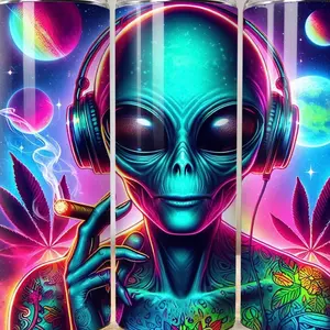Dope Alien Tumbler - Colorful Design with Headphones and Smoking Pipe Featuring Cosmic Planets and Leaves