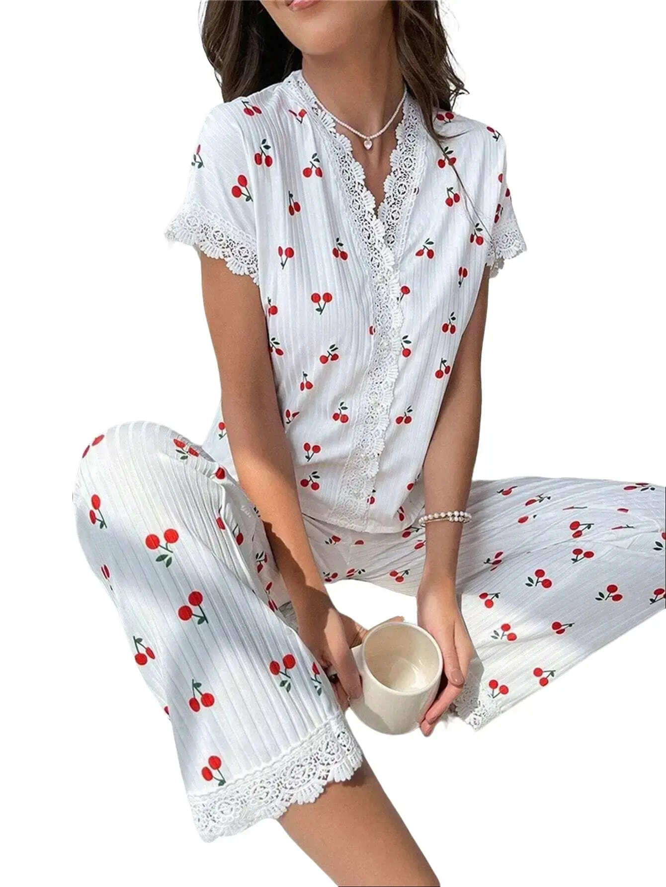 PHEFEE Women's Lace Trim Pajamas Set - Short Sleeve V Neck Floral/Butterfly/Cherry Print Sleepwear, Soft Cotton-Like Ribbed Loungewear, 2-Piece Comfy Pj Set for All Seasons