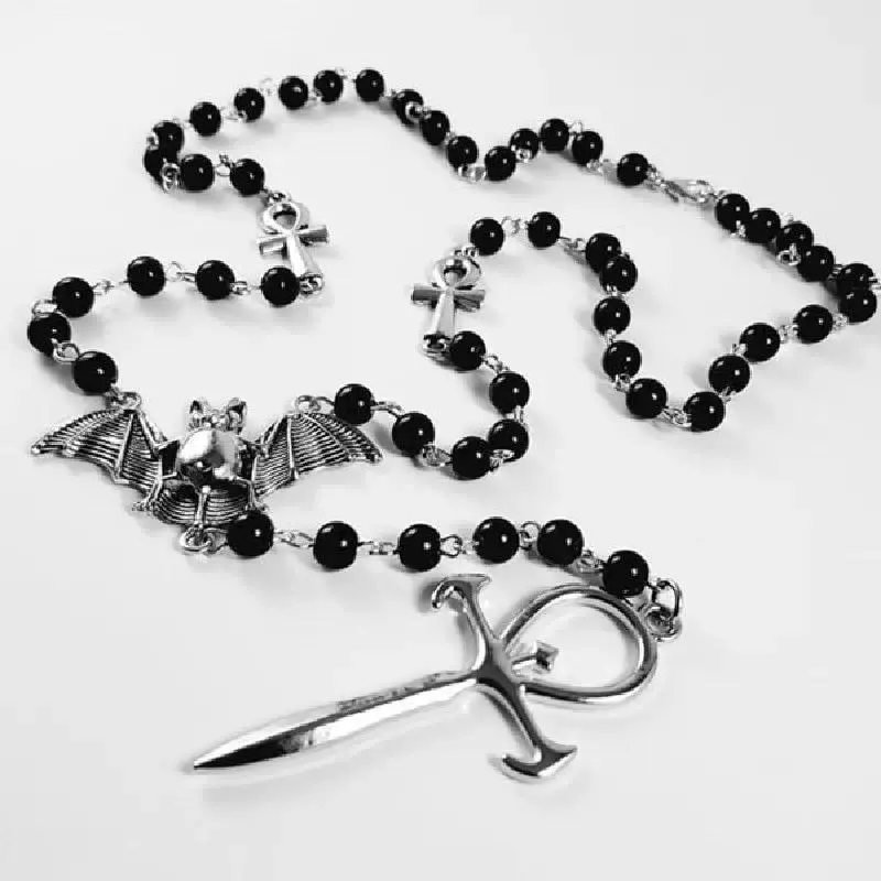 Handmade Egyptian Ankh Rosary Necklace - 25g Long Cross Design Gothic Witch Jewelry, Occult Dark Fantasy Bead Accessory with Vampire Bat Pendant, Tradgoth Costume Piece, Gold-Plated Cuban Link Chain Copper Wire