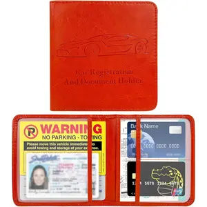 Car Registration & Insurance Card Holder, Waterproof Leather Vehicle Glove Box Organizer with Magnetic Shut, Vehicle Wallet Accessories Case for Cards Document Driver License (Orange)