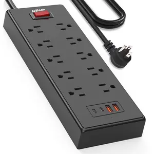 Flat Plug Power Strip 5Ft Long Extension Cord, Surge Protector, 10 Outlets 4 USB Ports,  Desk Charging Station Power Strip with USB & Type-C Ports.