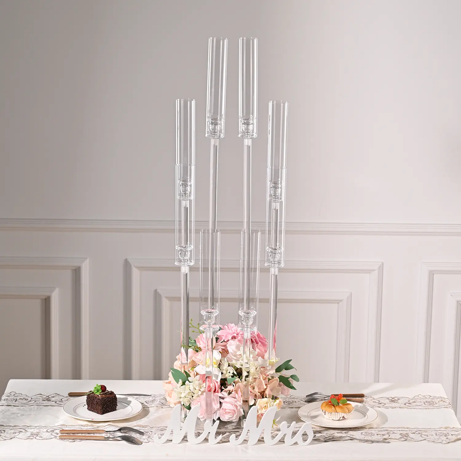 VINCIGANT 8 Arm Clear Candlesticks Holder for Wedding Decorations Tall Acrylic Candelabra Candle Holder with Shade for Valentines Day Events Party Table Centerpiece